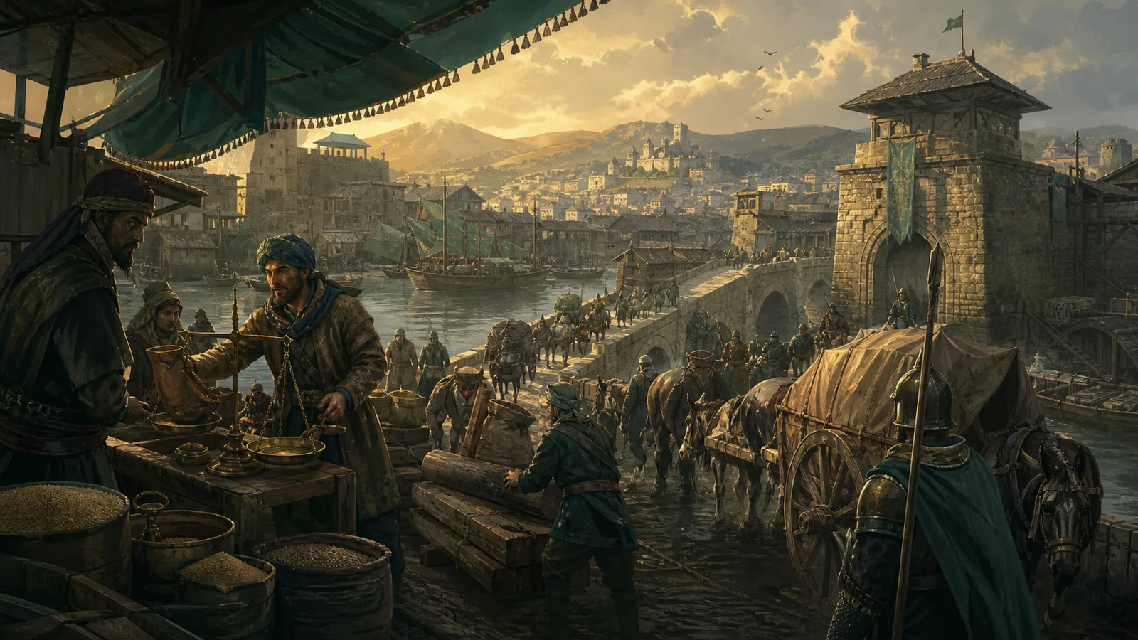 Civilizations meeting through trade at a river market