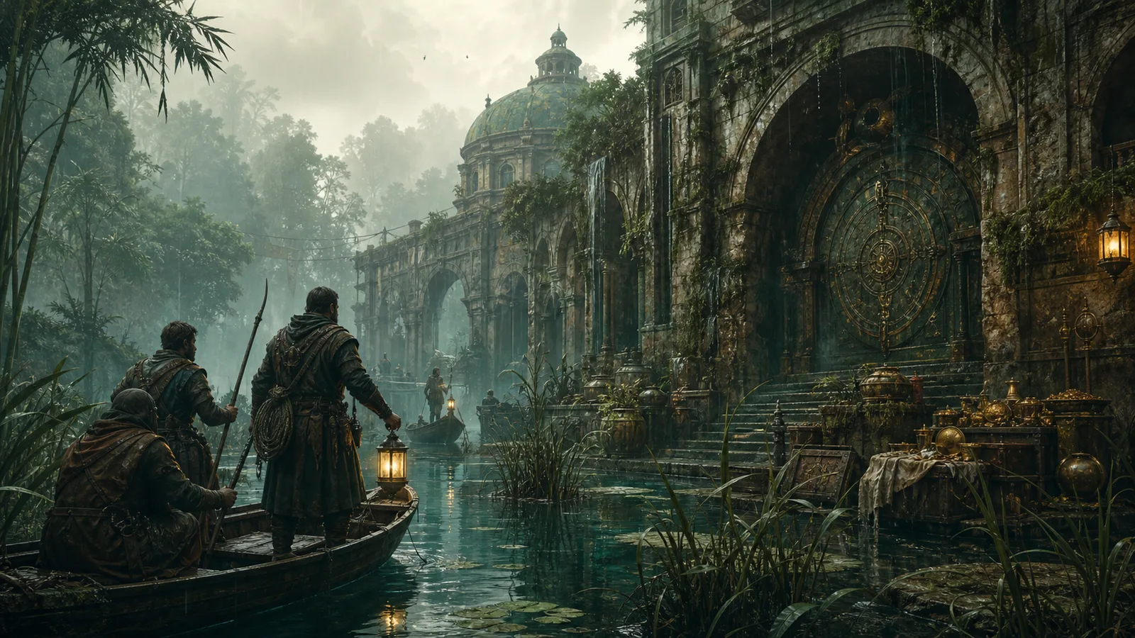 Explorers approaching the remains of an older world in Veyrlands
